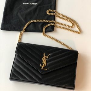 YSL Monogram Chain Wallet - Embossed Leather Black
